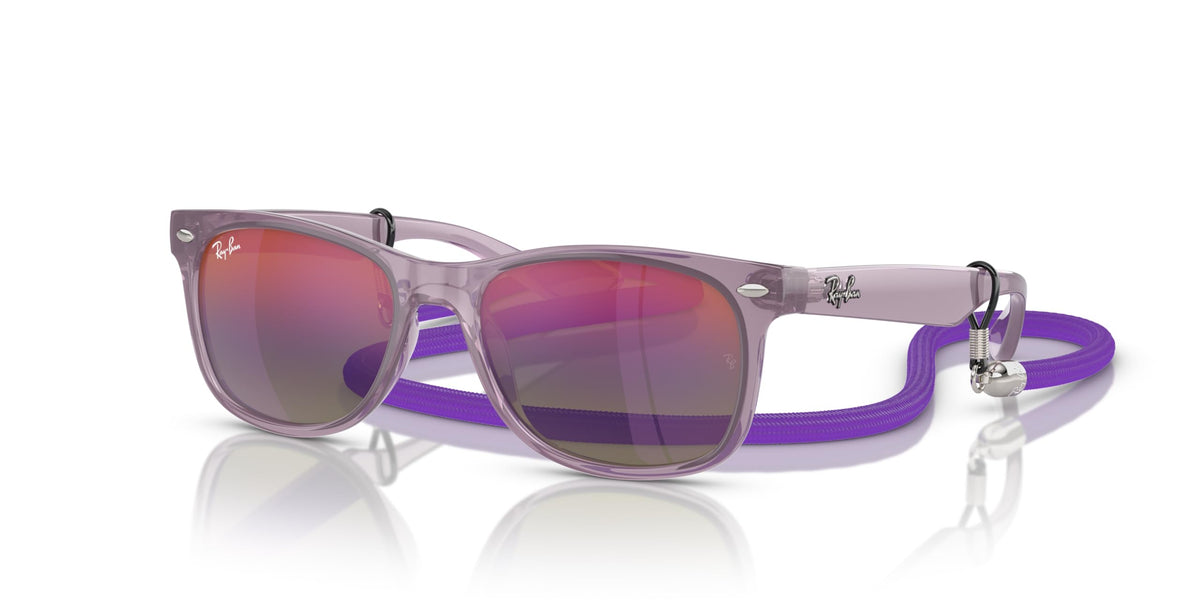 Ray-Ban Junior Wayfarer sunglasses with clear purple frame, purple mirrored lenses, and strap