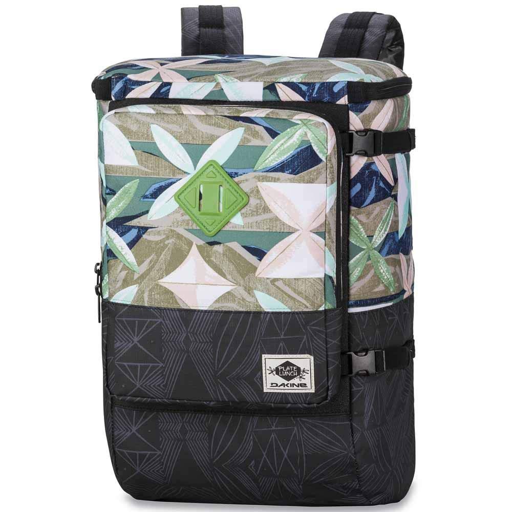 Leaf-pattern insulated lunch backpack with front zip pocket, black straps and top handle
