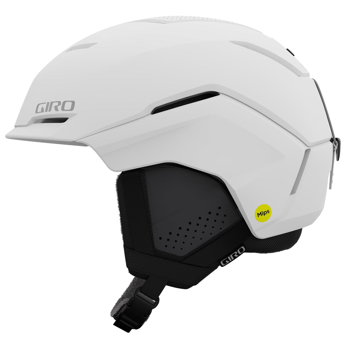 White Giro Tenet snow helmet with black face shield and vented padding
