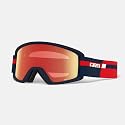 Semi snow goggles with red mirrored lens and red-and-white strap