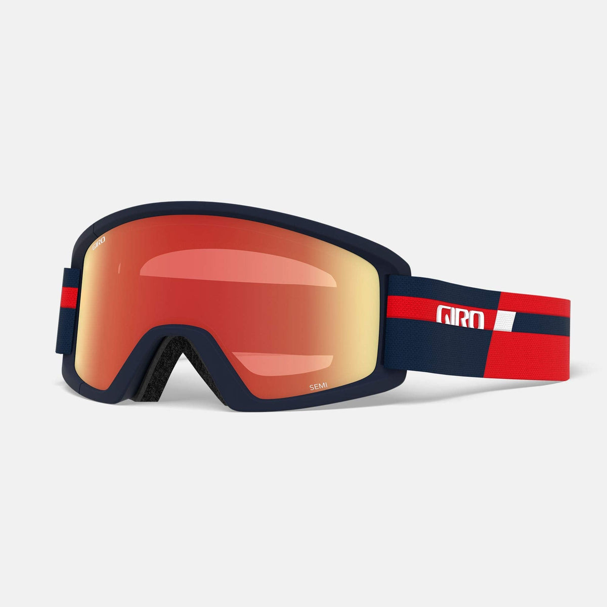 Semi snow goggles with navy frame and red mirrored lens, red-and-white strap