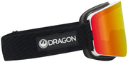 Black snow goggles with red-orange mirrored lens and DRAGON logo on strap
