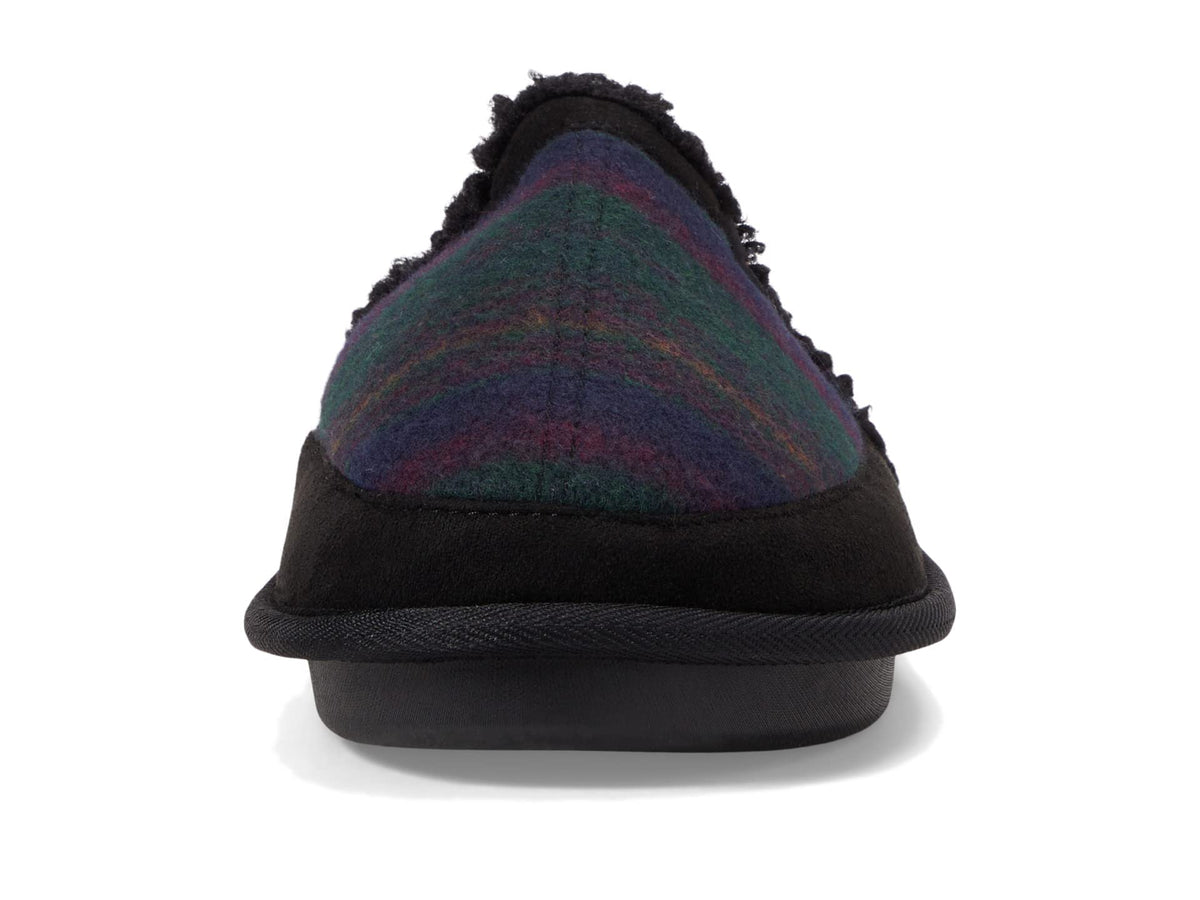 Black mule slipper with plaid upper, plush fleece lining, slip-on