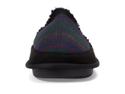 Black mule slipper with plaid upper, plush fleece lining, slip-on