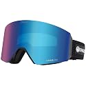 Snow goggles with blue mirrored lens and black frame, side view