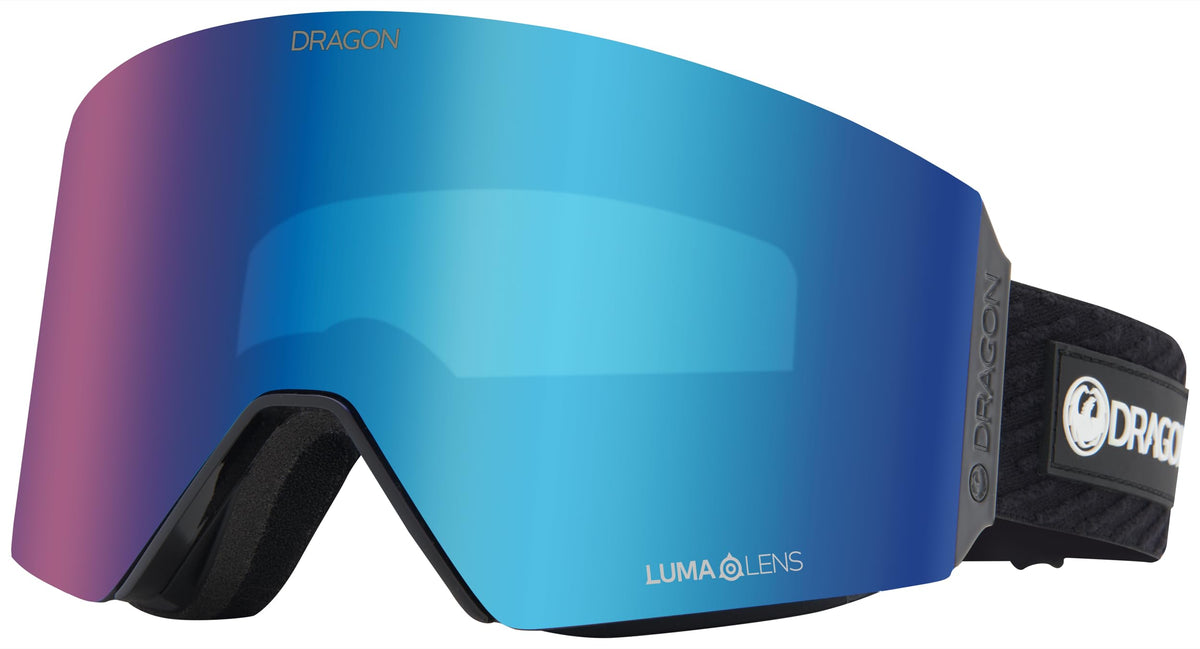 Snow goggles with blue mirrored lens, black frame, and OTG strap
