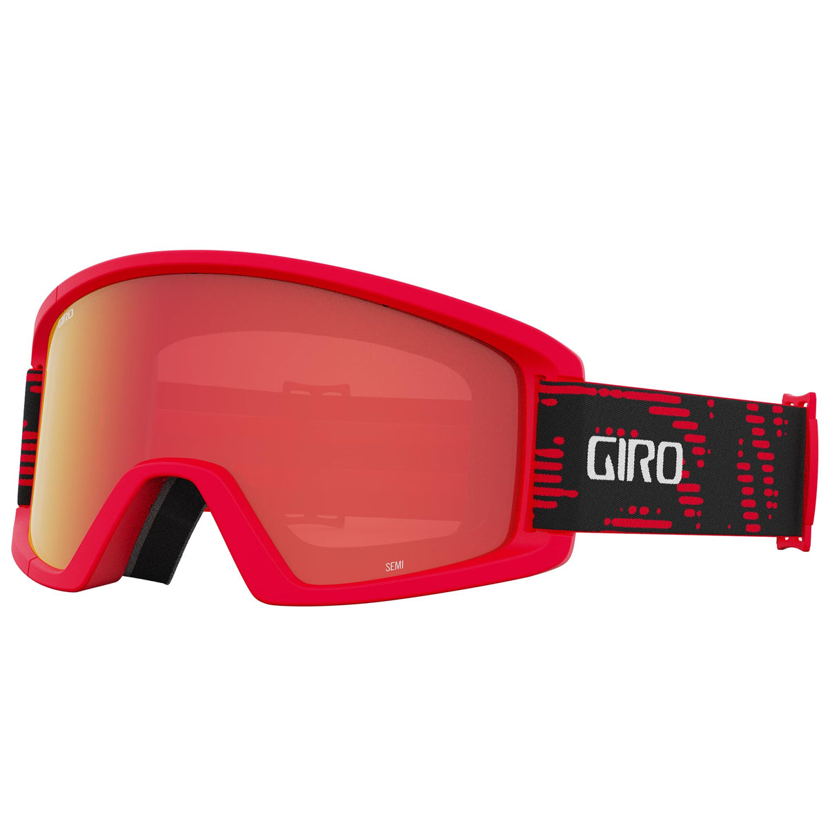 Ski goggles with red frame and amber-tinted lens, red strap with GIRO graphic