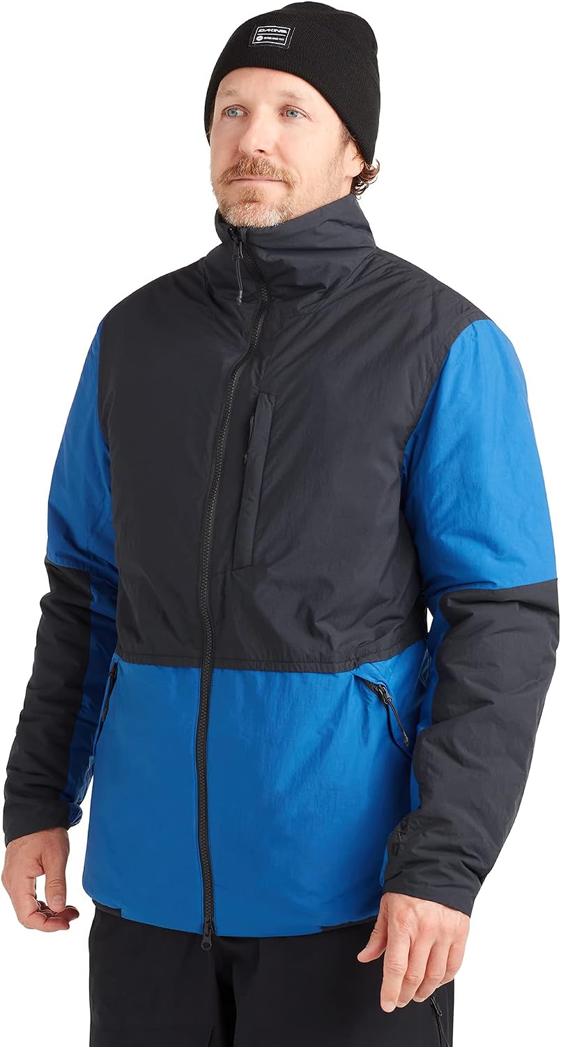 Men's colorblocked insulated winter jacket with hood, zip front, black and blue panels