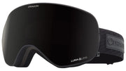 Black snow goggles with dark lens and DRAGON logo strap, curved low-profile frame