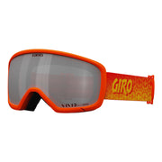 Orange snow goggles with dark gray lens and GIRO logo on patterned strap