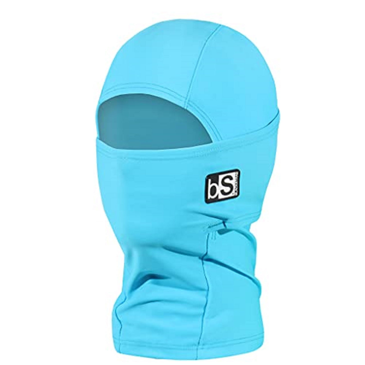 Bright blue balaclava with face opening and bS logo patch, full coverage hood