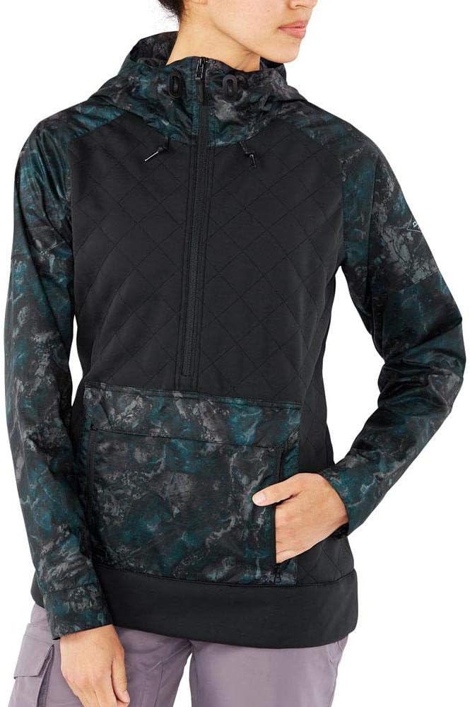 Women's pullover jacket with full front zipper, black with teal camo print panels