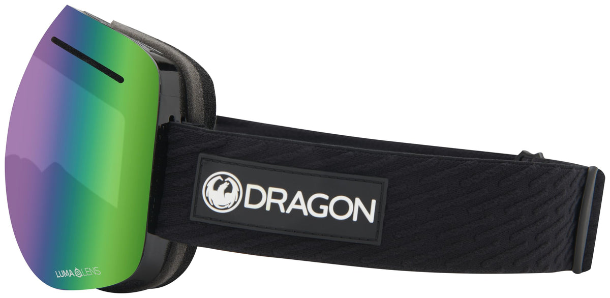 Snow goggles with green mirrored lens and DRAGON logo black strap
