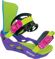 Kemper freestyle snowboard bindings in purple with lime straps and pink buckles
