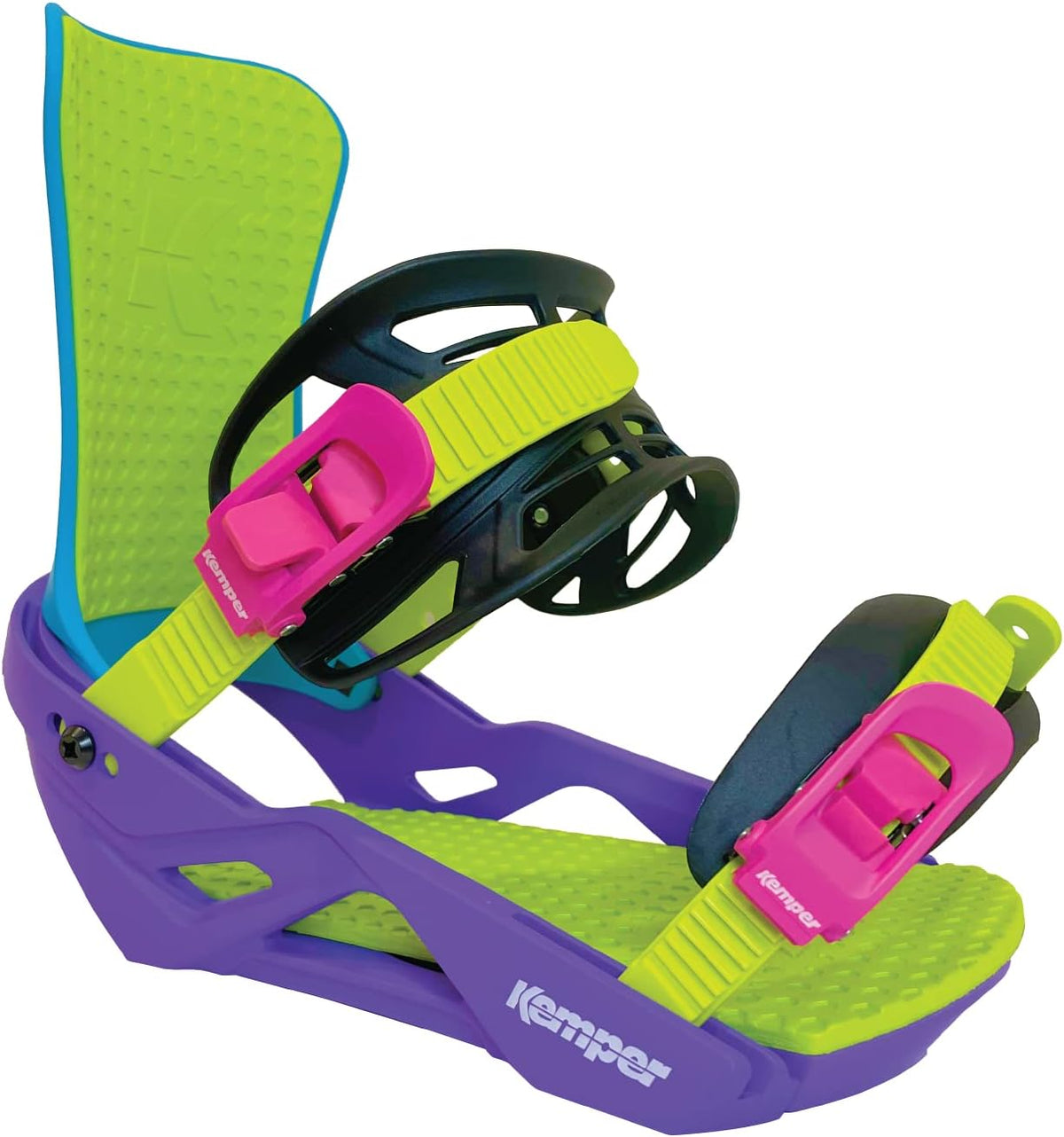 Kemper freestyle snowboard bindings in purple with lime straps and pink buckles