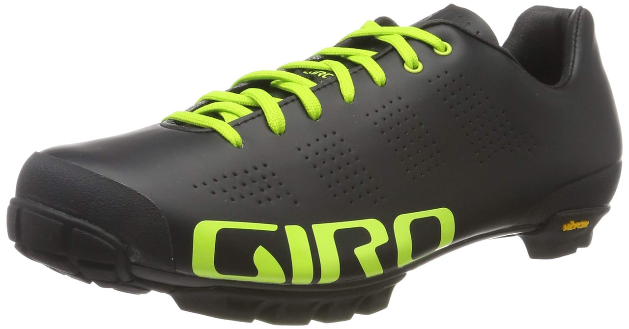 Black cycling shoes with lime neon laces, Giro logo, and perforated toe