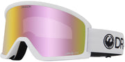 Snow goggles with white frame, mirrored pink lens, and light gray OTG strap