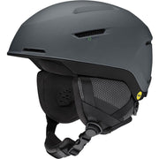 Slate gray snow helmet with vent panel, black ear pads, and chin strap.