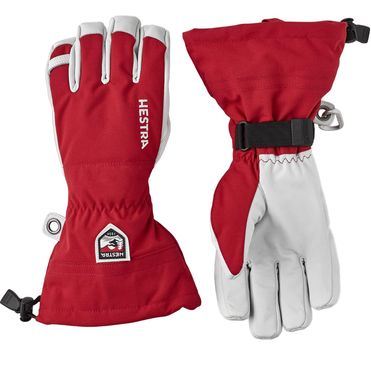Hestra leather ski gloves, red and white pair with wrist strap and pull tab