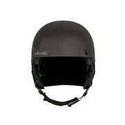 Matte black snow helmet with padded ear guards and open face opening