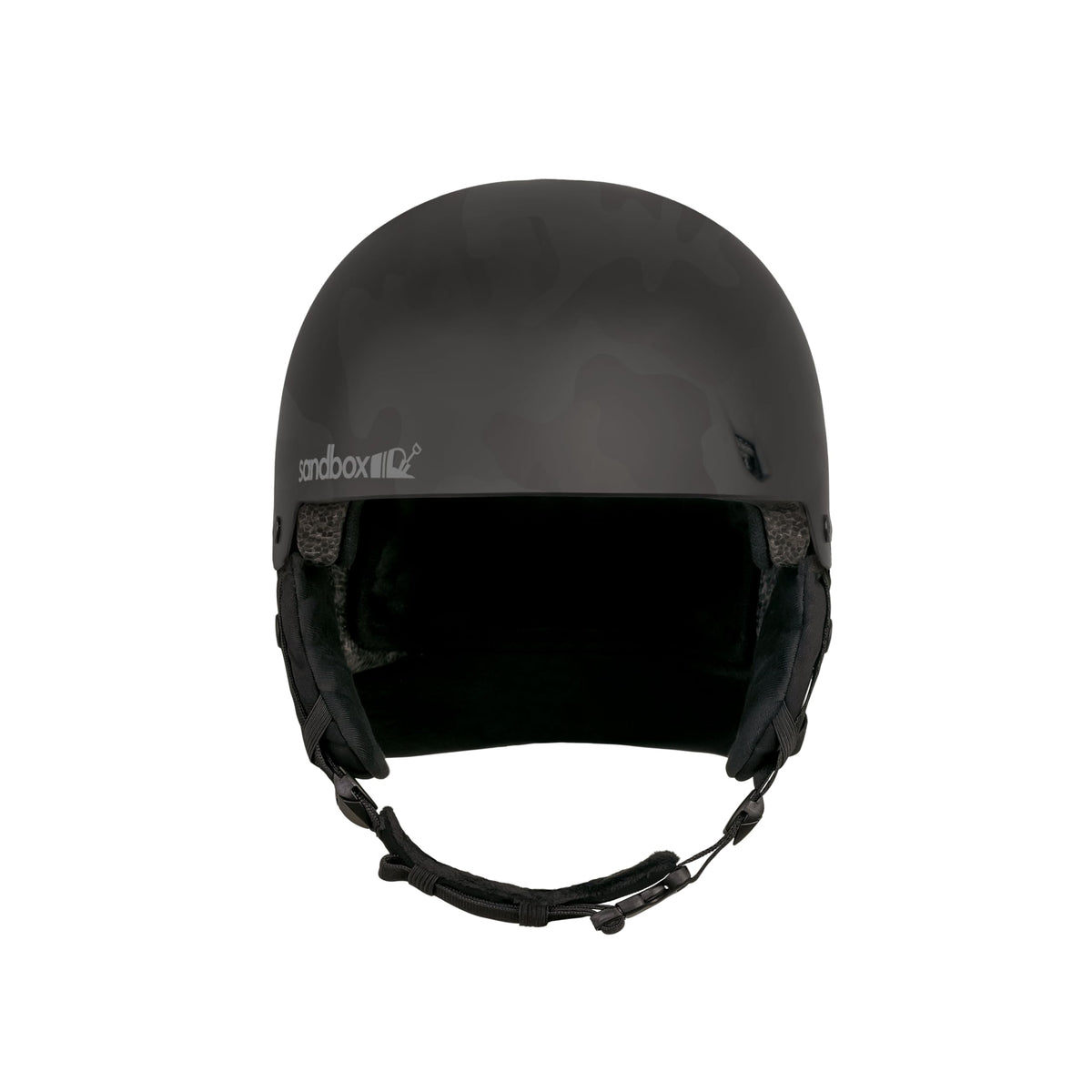 Matte black snow helmet with padded ear guards and open face opening