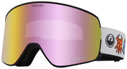 Snow goggles with gold-to-pink mirrored lens and black frame with white side panel
