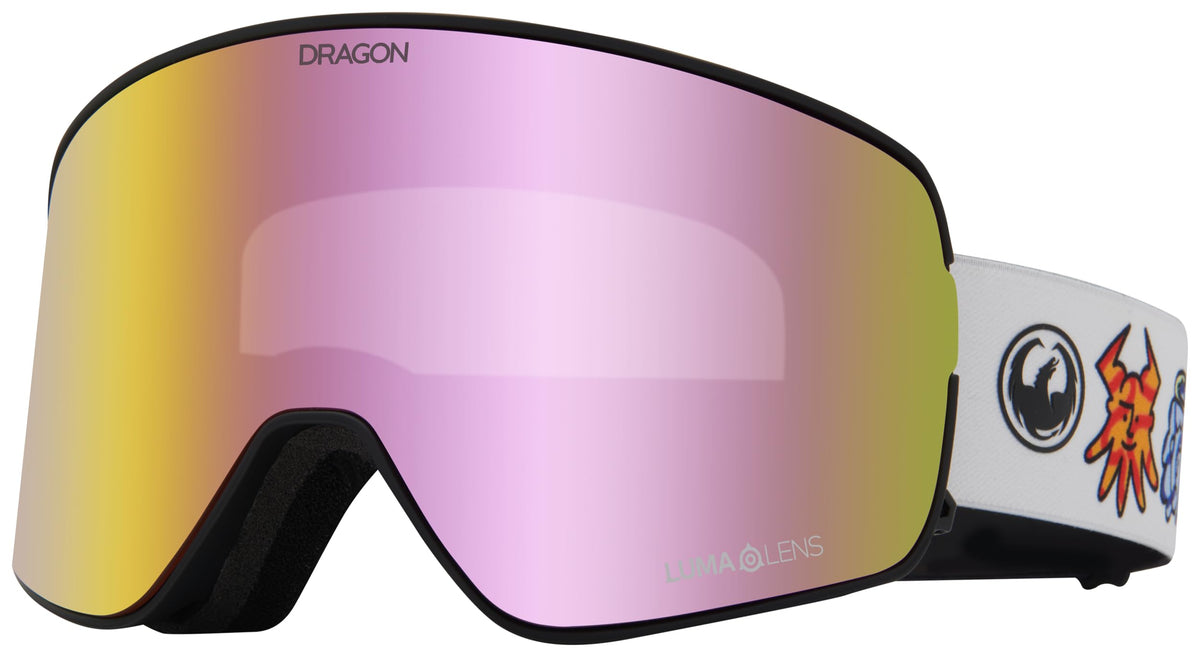 Snow goggles with gold-to-pink mirrored lens and black frame with white side panel