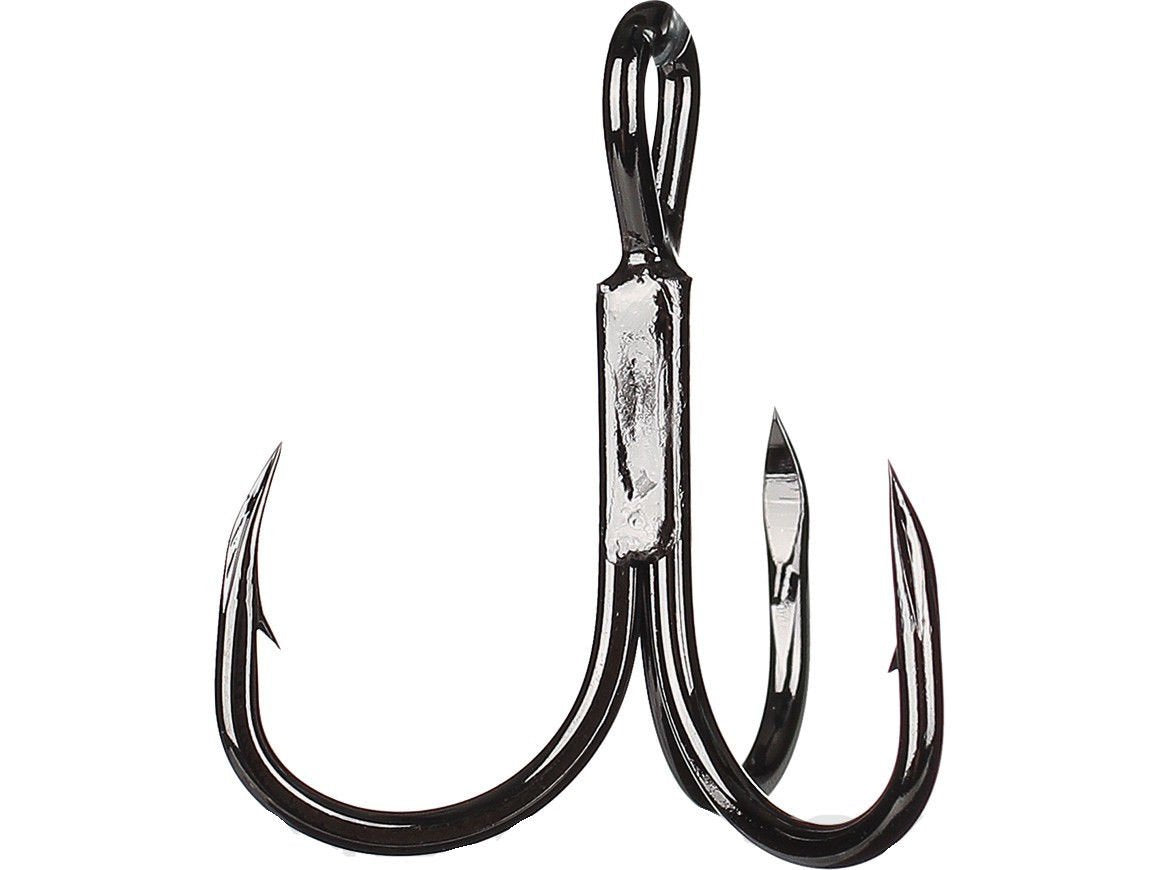 Three-prong treble fishing hook set with black and silver finish, barbed points