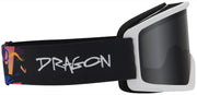 Snow goggles with white frame, dark lens, black strap with Dragon logo graphics