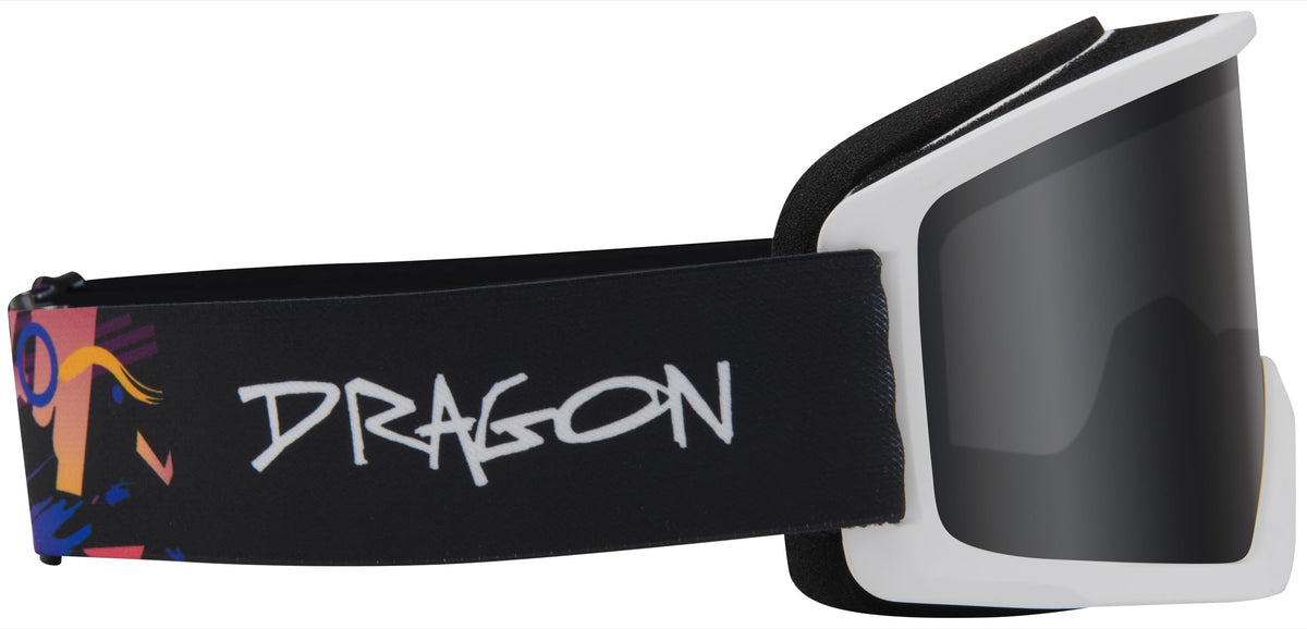 Snow goggles with white frame, dark lens, black strap with Dragon logo graphics