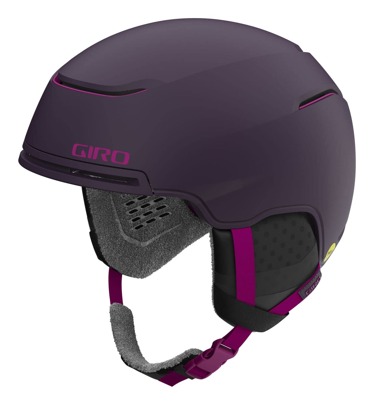 Giro Terra snow helmet in purple with gray ear pads and magenta accents, Mips label