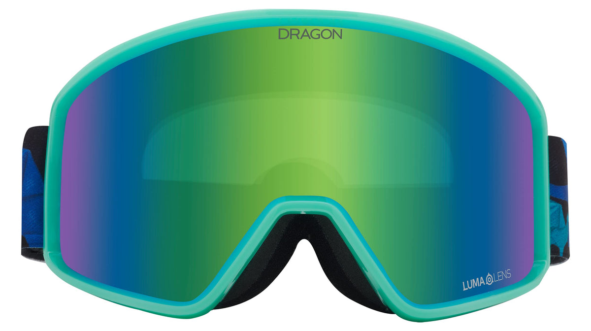 Turquoise snow goggles with mirrored green lens and black side vents