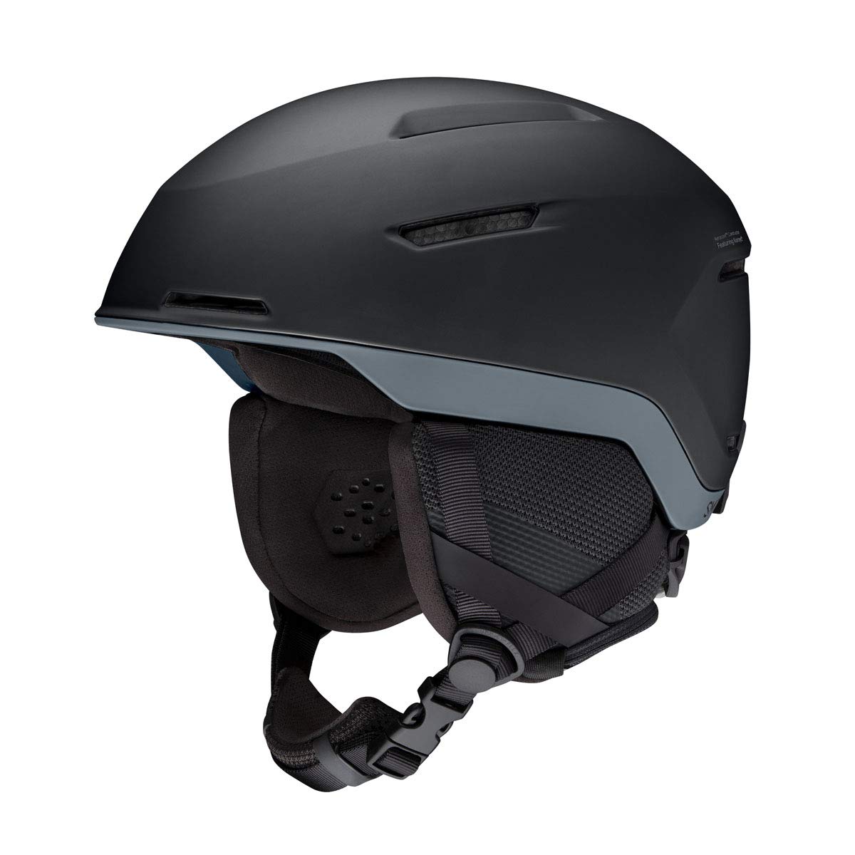 Matte black snow helmet with gray side trim, vent panel, and chin strap.