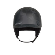 Black camo ski helmet with black ear pads and padded chin strap