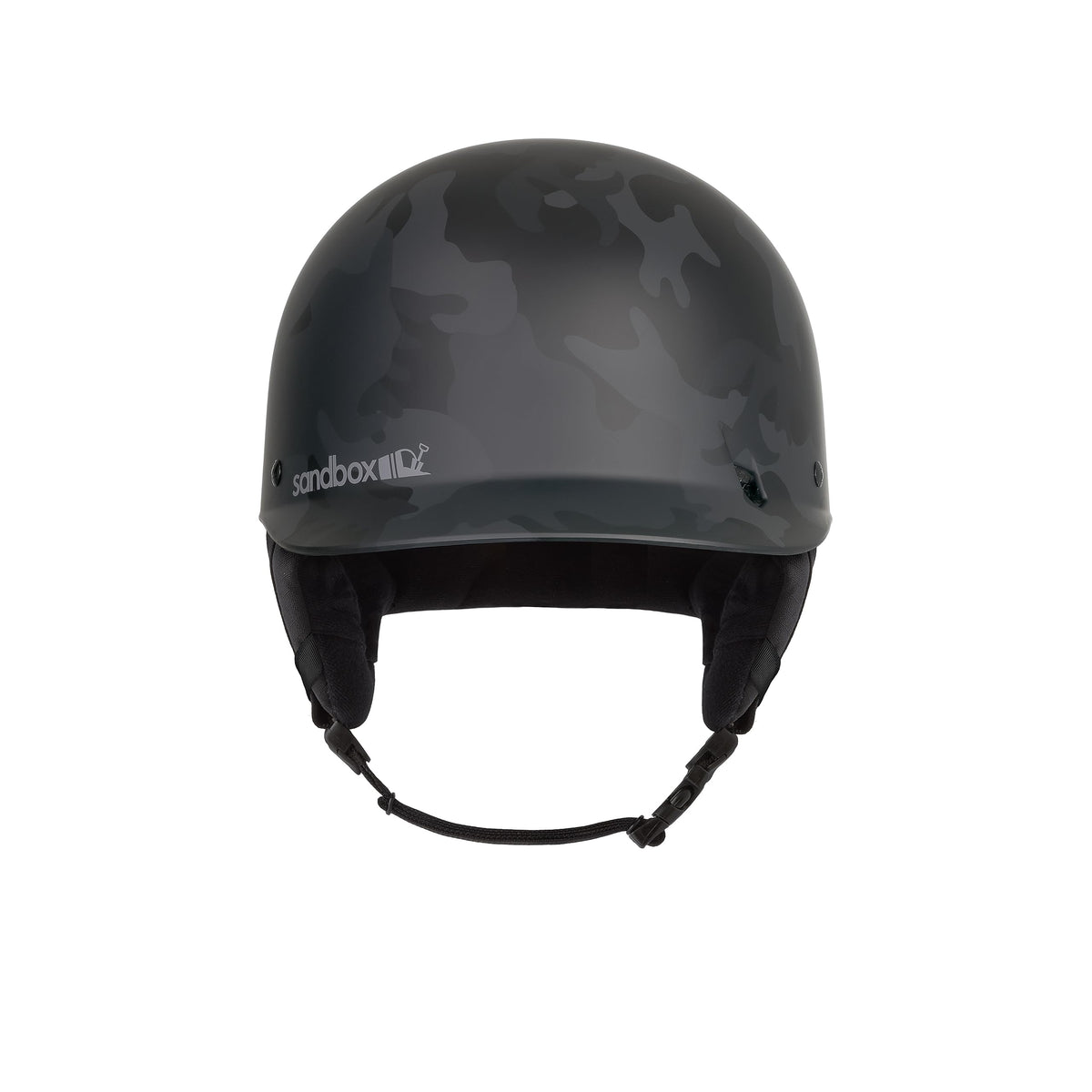 Black camo ski helmet with black ear pads and padded chin strap