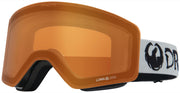 Snow goggles with orange mirrored lens and black frame, white and orange strap