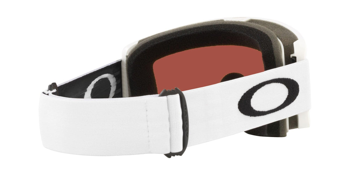 Snow goggles with white strap and black O logo, dark mirrored lens