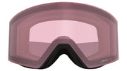 Snow goggles with pink/mauve mirrored lens and dark frame, full face view