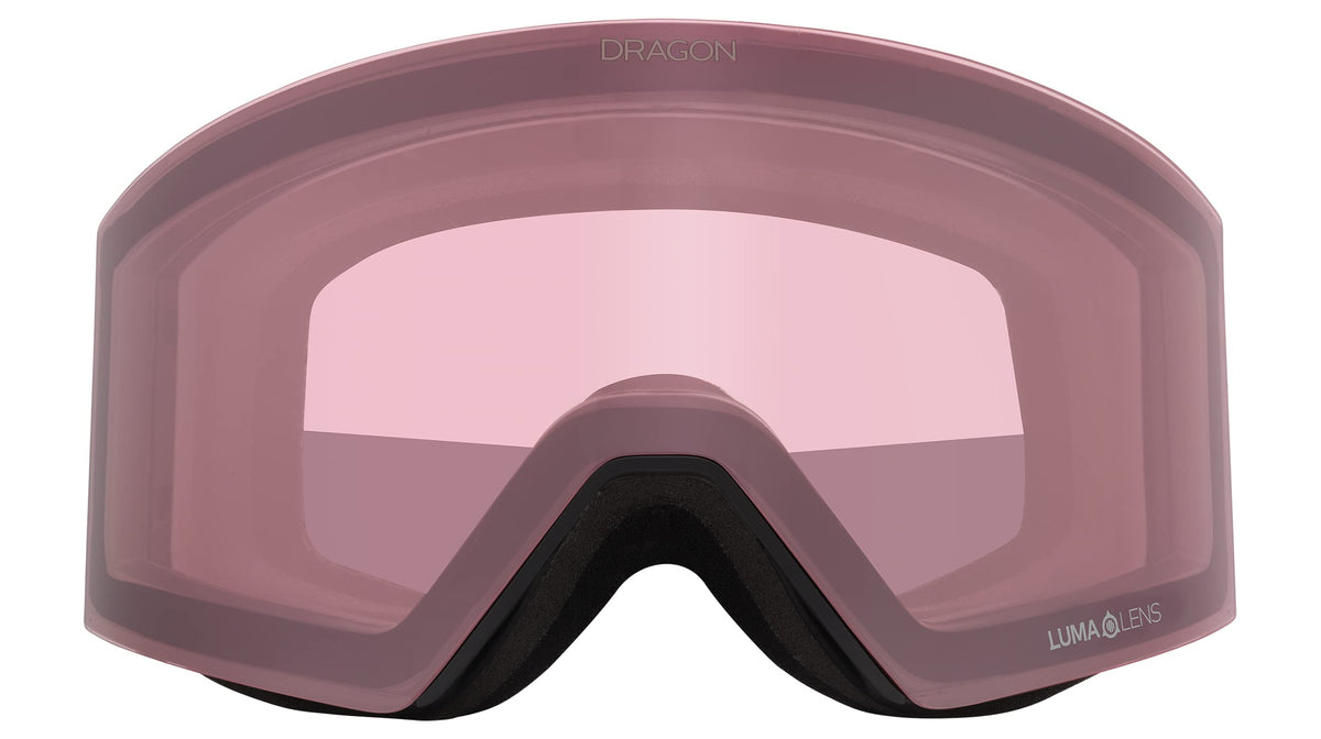 Snow goggles with pink/mauve mirrored lens and dark frame, full face view