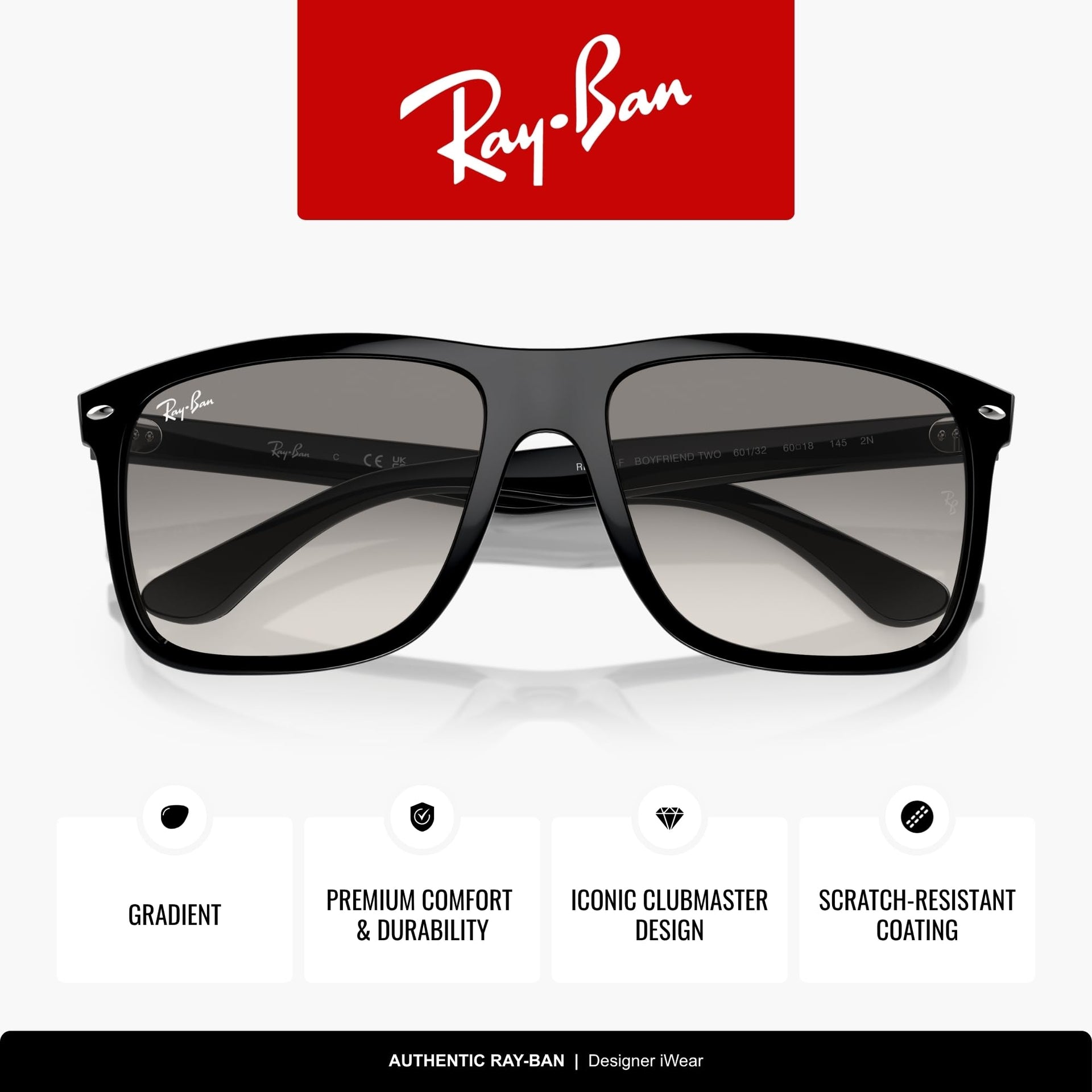 Ray-Ban Boyfriend Two RB4547F Sunglasses - Black / Large - 8056597957885 - Additional Image 2