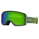 Snow goggles with dark frame and green lens; green logo strap