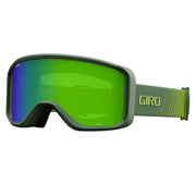 Sagen snow goggles with dark frame and green-tinted lens, green logo strap
