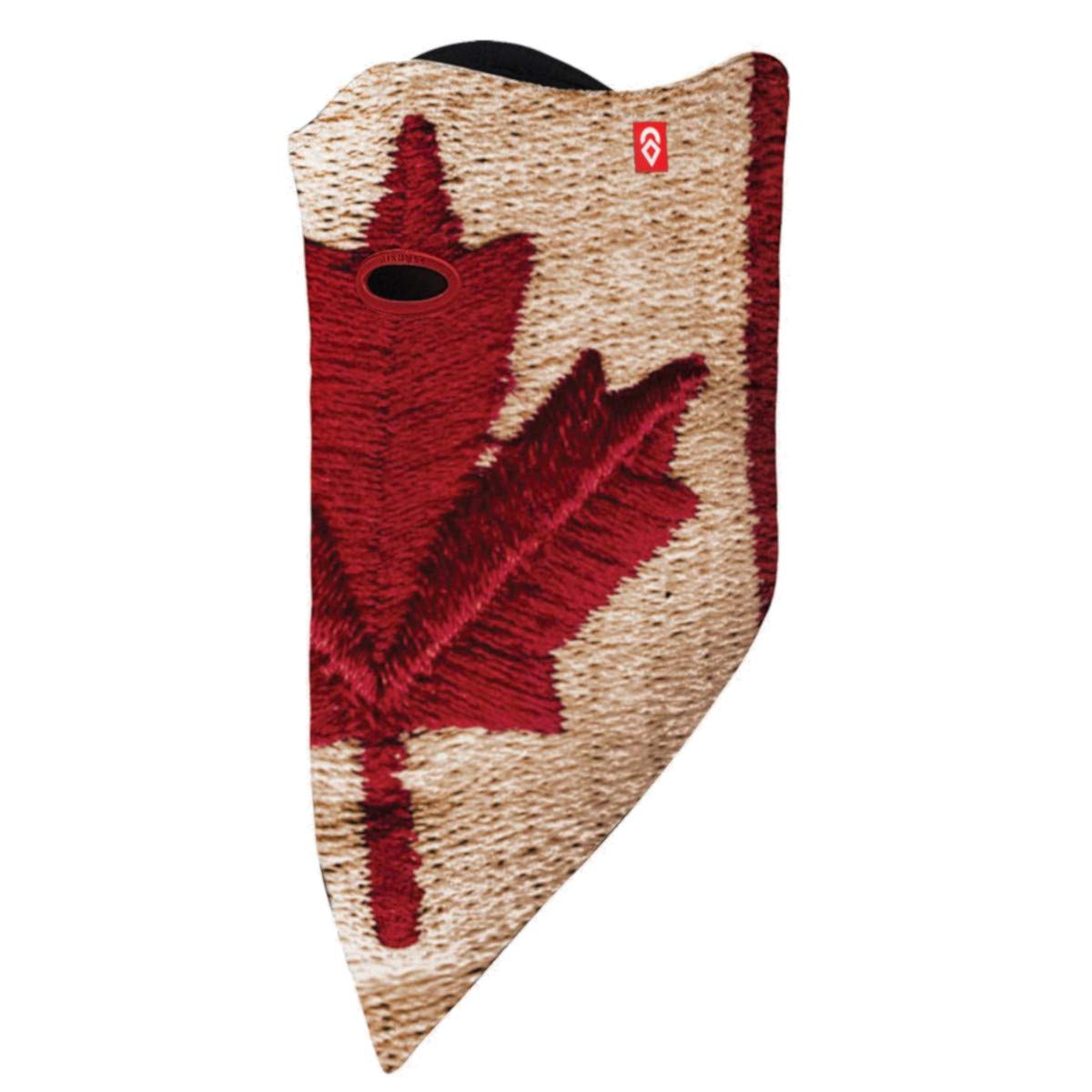 Knit headwear with beige and red Canada maple leaf graphic, black logo circle