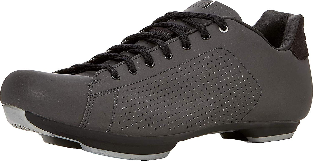 Dark low-top lace-up cycling shoe with perforated side panels and black heel tab