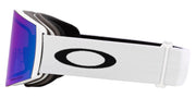 Oakley Fall Line L snow goggles, side view with white strap and purple blue Prizm lens