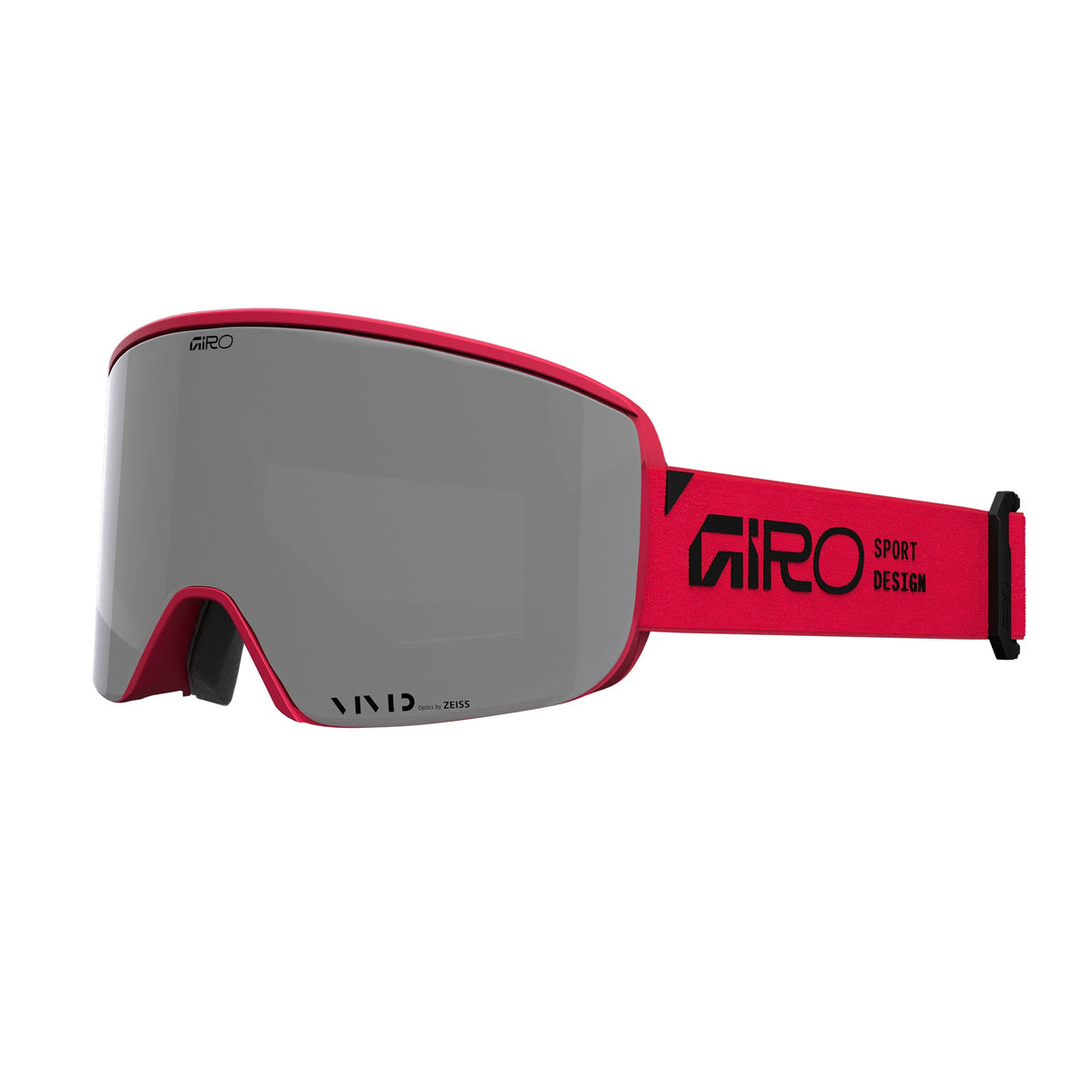 Snow goggles with gray mirrored lens, red frame, and black side arms