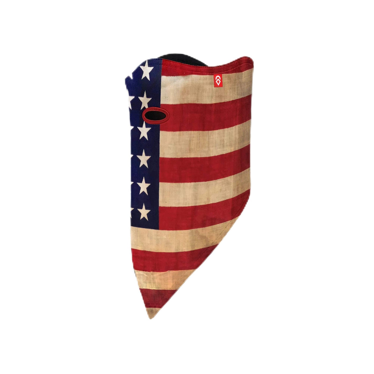 Sports face mask, red white and blue star stripe print with logo patch and oval eye opening