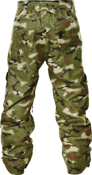 Men's camo cargo snow pants with belt loops and flap cargo pockets at the thighs