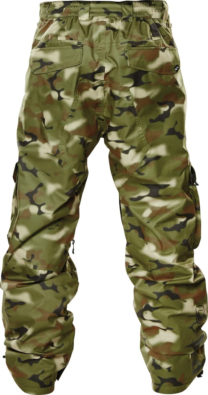 Men's camo cargo snow pants with belt loops and flap cargo pockets at the thighs