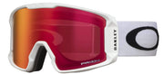 Oakley Line Miner snow goggles with white frame and red Prizm lens, O logo strap